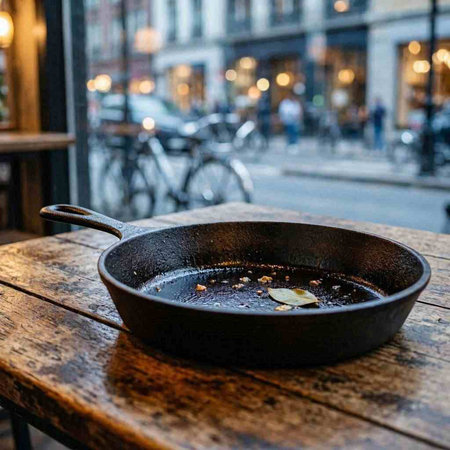 Black frying pan on a wooden table on the background of the street