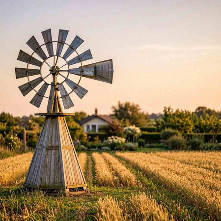 An old windmill in a field of wheat in the evening.
