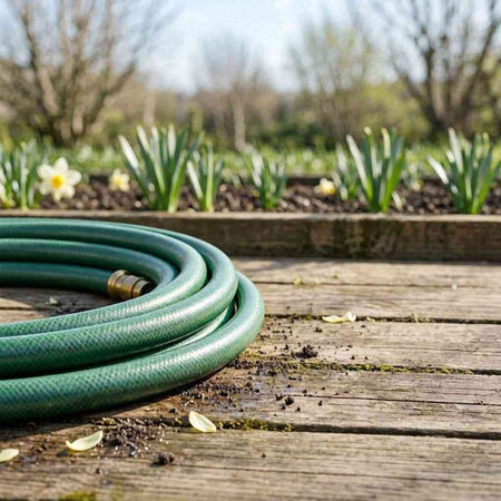 Garden hose on a wooden board with daffodils in the background