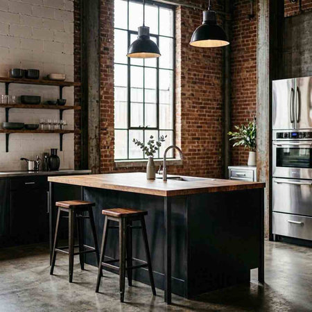 Interior of a loft style kitchen with brick walls and wooden floor