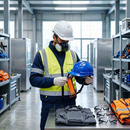 Portrait of a man in a protective helmet and a respirator on a factory.
