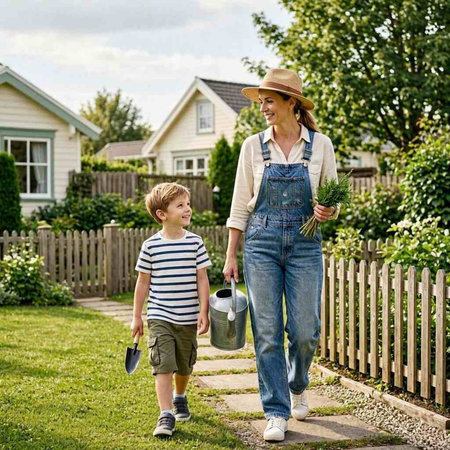 Mother And Son Watering Plants In Garden At Home Togetherness Concept