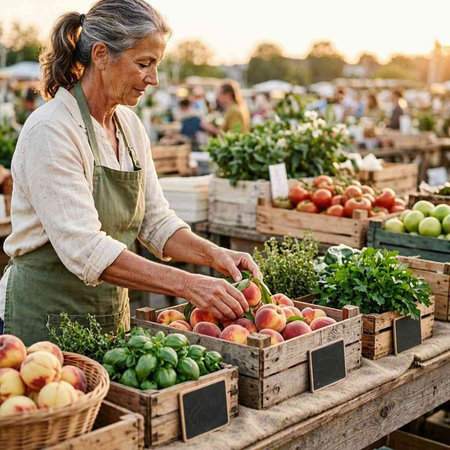 Senior woman picking ripe peaches in boxes at farmer's  market