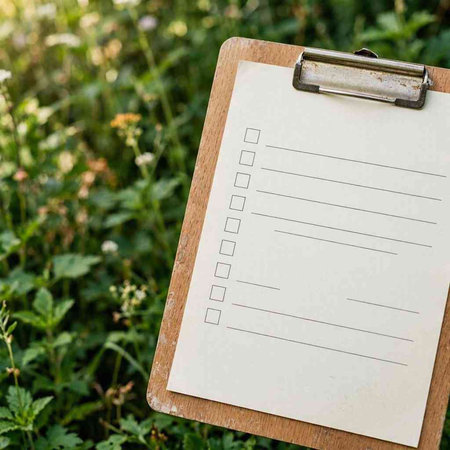 Clipboard with blank paper sheet on grass background. Copy space