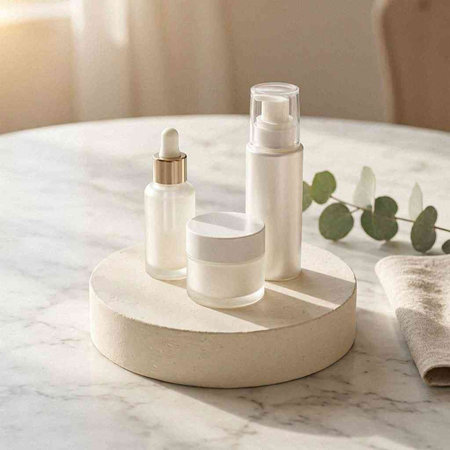 Mockup of cosmetic products on white marble podium with eucalyptus leaves.