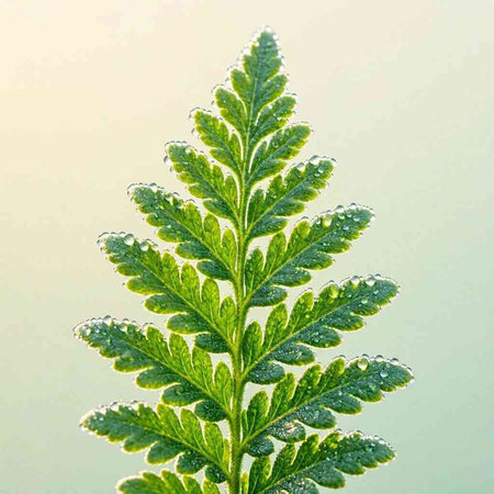 Green fern leaf with dew drops on a green background.
