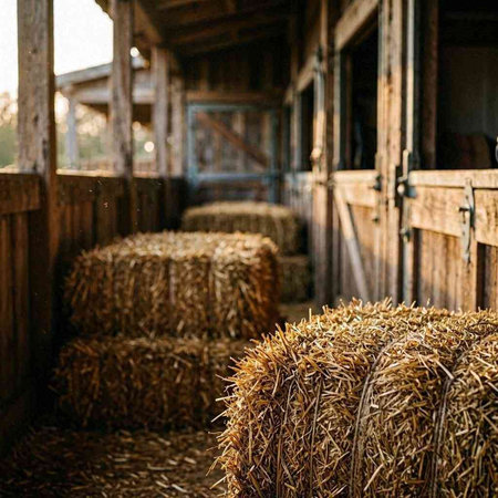Straw bales in stable. Agriculture and animal husbandry.
