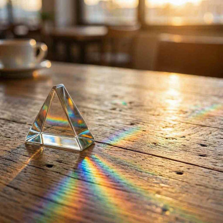 glass pyramid on a wooden table with a cup of coffee in the background