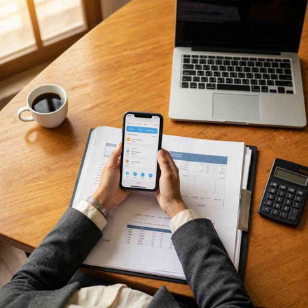 Businesswoman working with mobile phone and laptop computer on the table.