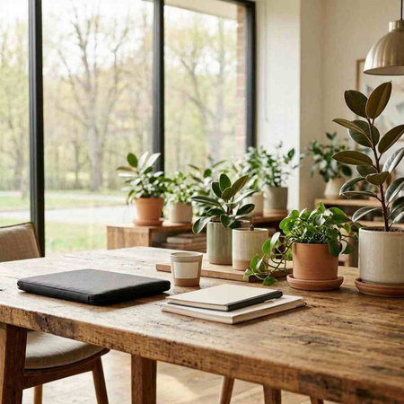 Wooden table with laptop, books and houseplants in terrace