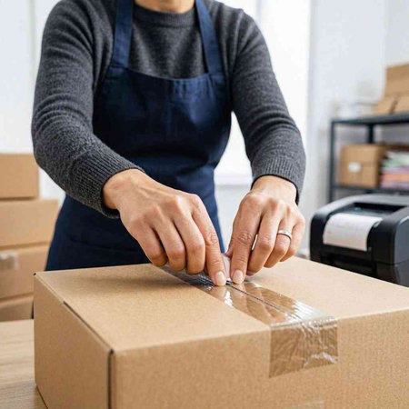 Close-up of a female worker in a gray apron holding a cardboard box in her hands. The concept of packaging and delivery of goods.
