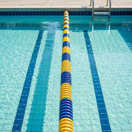 swimming pool with blue water and yellow line on the edge.