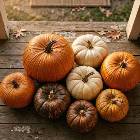 Autumn pumpkins on rustic wooden background. Fall harvest.