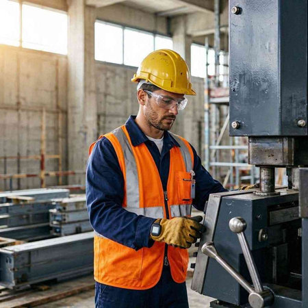 Portrait of Caucasian male engineer working in industrial plant. This is a freight transportation and distribution warehouse. Industrial and industrial workers concept