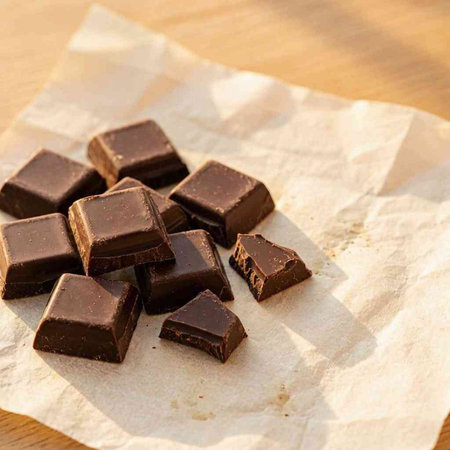 Pieces of dark chocolate on a baking paper on a wooden table