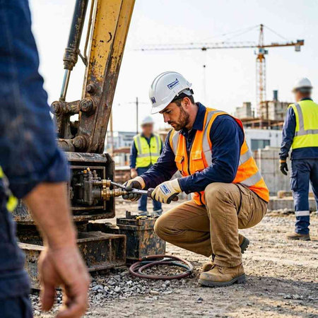 Construction workers at work on a construction site. Selective focus.