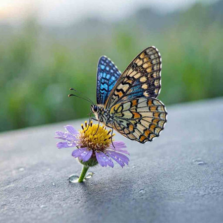Butterfly on a purple flower with water drops on it.