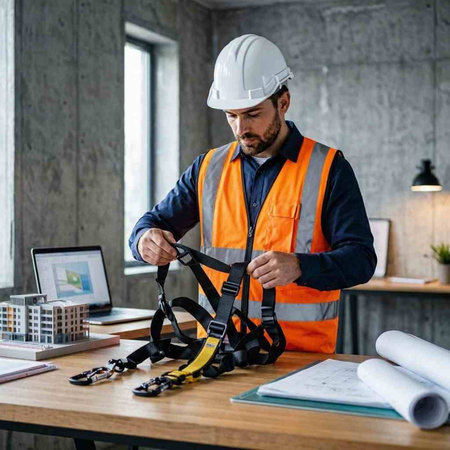 Engineer in helmet and reflective vest working on laptop in office.