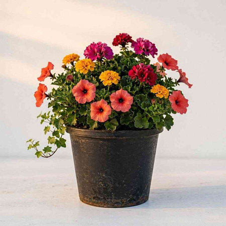 Flowerpot with multicolored petunias on a white background
