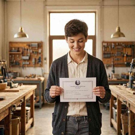 Carpenter holding a piece of paper and smiling in his workshop