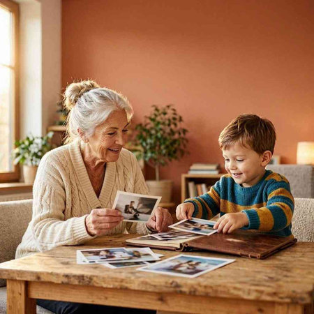 Grandmother and grandson looking at photo album in living room at home