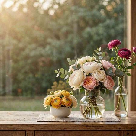 Bouquet of flowers in vase on wooden table in front of window