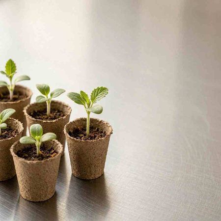 Small seedlings in peat pots on metal background, copy space