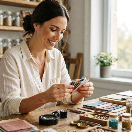 Makeup artist working in her studio. She is sitting at her desk and painting nails.