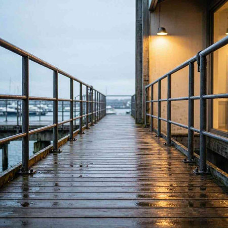Wooden bridge over the river in a rainy day in winter.