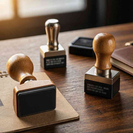 Wooden stamps on the table. Close-up, selective focus.