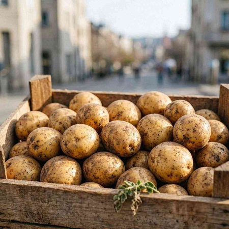 Harvested potatoes in a wooden box on the street. Selective focus.