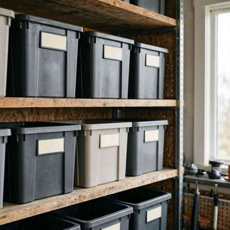 Garbage bins on a shelf in a warehouse. Recycling concept.