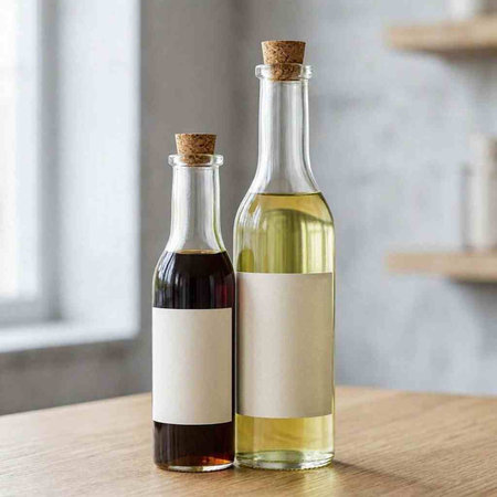 Two bottles of wine with blank labels on a wooden table in the kitchen