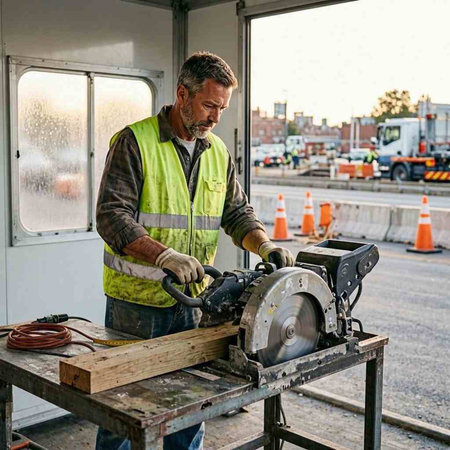 Worker cutting metal with electric circular saw on a construction site.