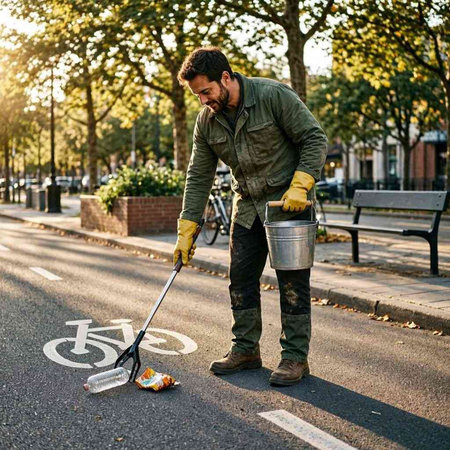 Disabled man cleaning the street with a brush and a bucket.