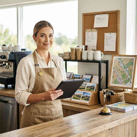 Waitress at a coffee shop with a tablet computer in her hands