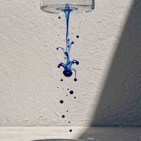 Blue paint splashing out of a glass bottle against a white wall