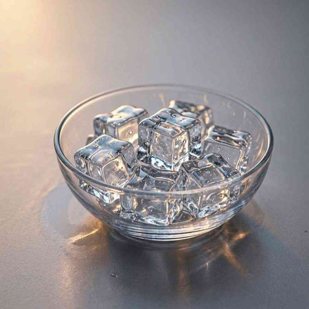 Ice cubes in a glass bowl on a gray background. Close-up.