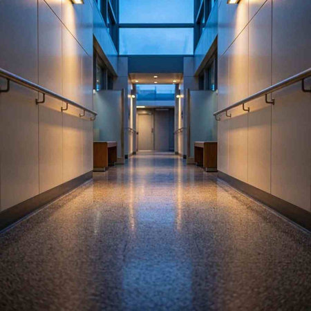 Interior of a modern office building with a long corridor at night
