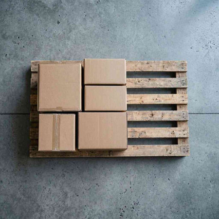 Cardboard boxes on wooden pallet on concrete background. Top view