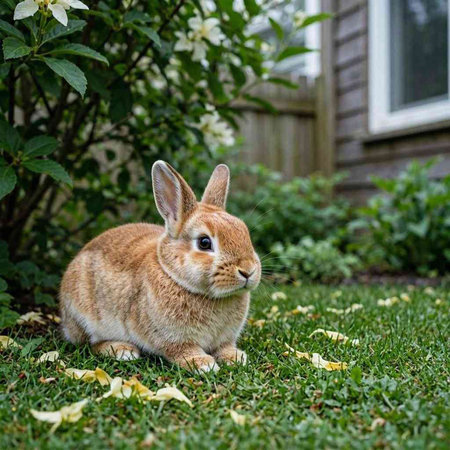 Rabbit in the garden on the grass with flowers in the background
