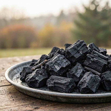 Black coal in a plate on a wooden table in an autumn forest