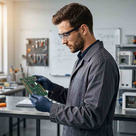 Technician in glasses and a plaid shirt works with a microchip in his hands.