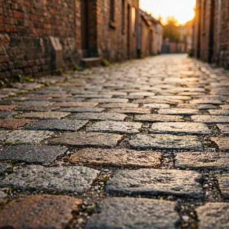 Cobblestone street at sunset in the old town of Vilnius, Lithuania.