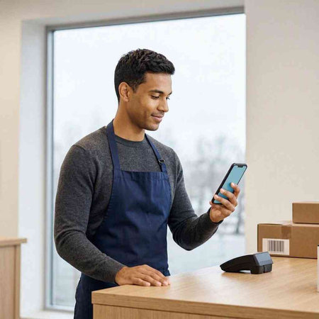 Portrait of a handsome African-American delivery man using mobile phone while standing at the counter in the post office