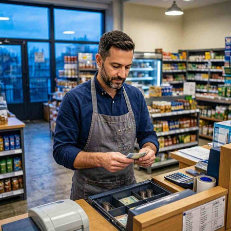 Portrait of a cashier holding a credit card and using a smartphone in a supermarket