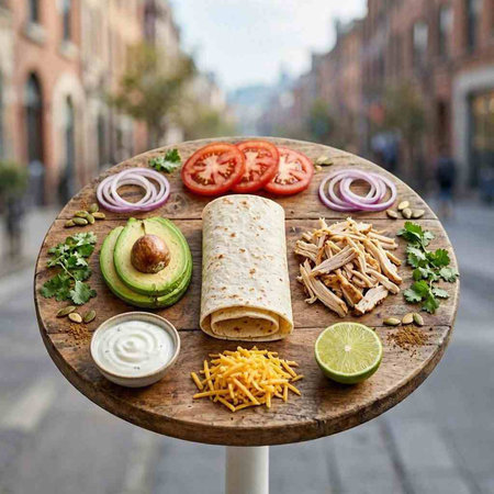 Tortilla wraps with chicken meat, avocado, tomato, onion, parsley and mayonnaise on a wooden table.