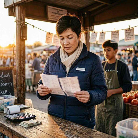 Unidentified asian woman in blue jacket and white t-shirt at food market.