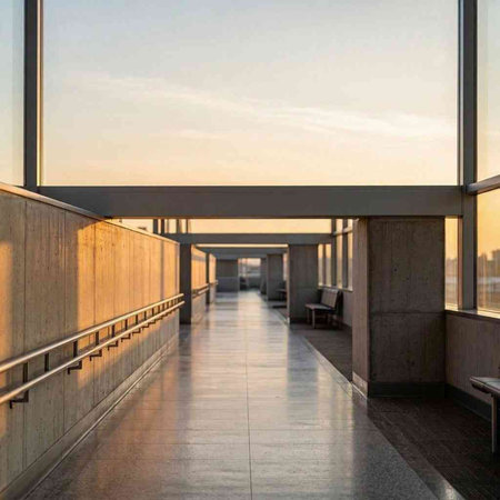 A long corridor in a modern office building with a view of the sunset