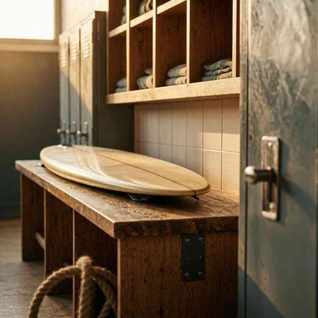 Wooden shelf with a surfboard in a modern barbershop